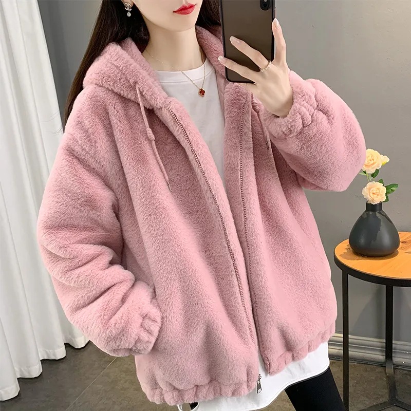 Cozy Women's Plush Hooded Winter Coat - Soft Double-Sided Fleece Mid-Length Jacket