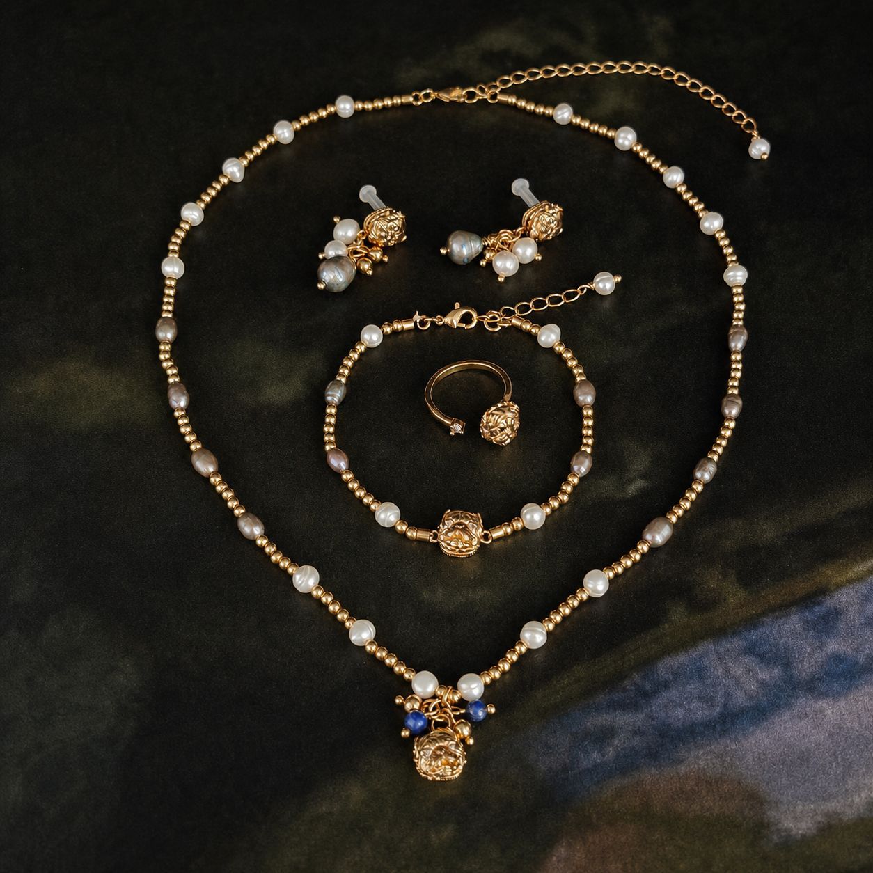 Elegant 4-Piece Beaded Jewelry Set for Women - Cute Animal Pendant Clavicle Necklace, Earrings, Bracelet & Ring