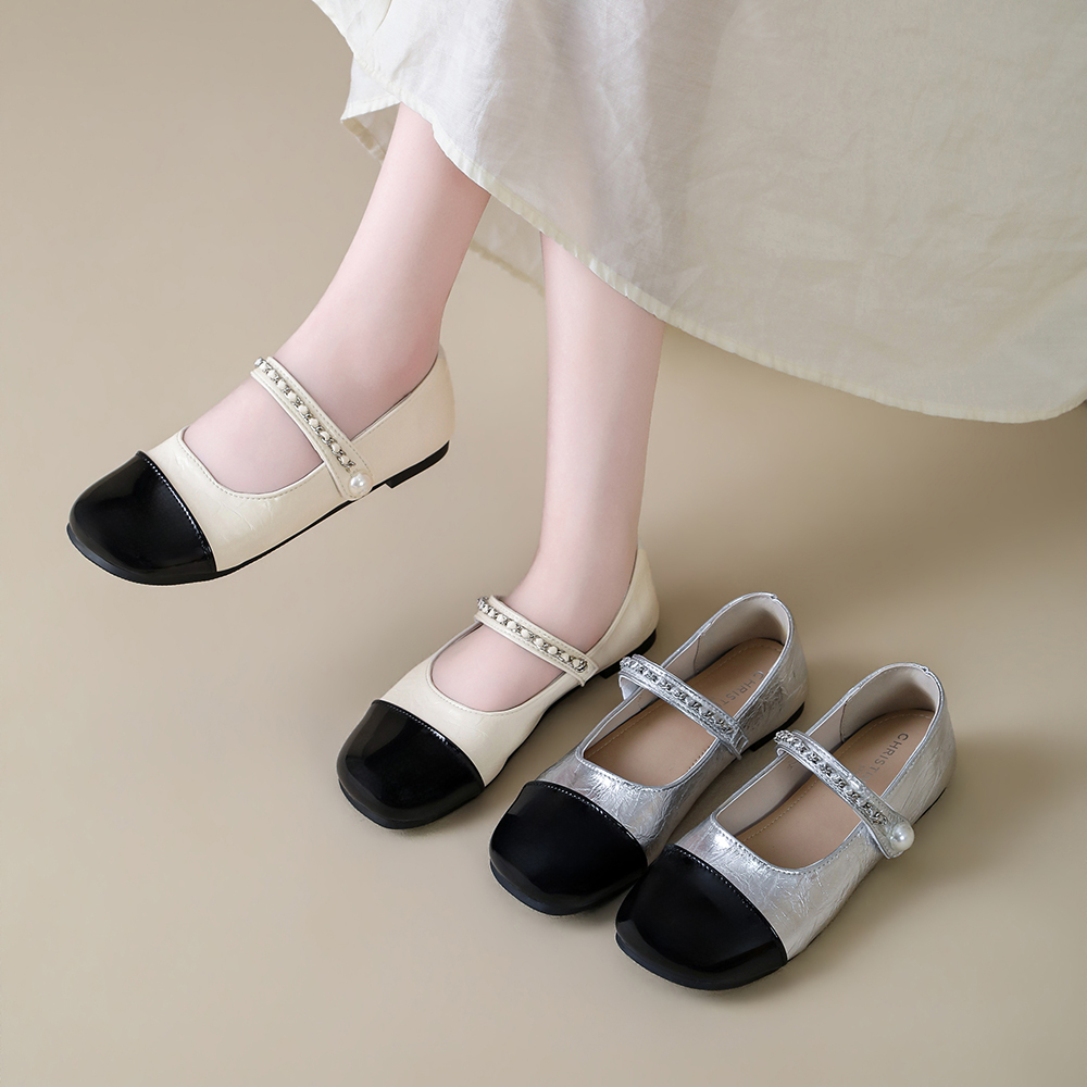 Women's Chic Silver Mary Jane Flats - Elegant French-Style Patent Leather Square Toe Evening Shoes