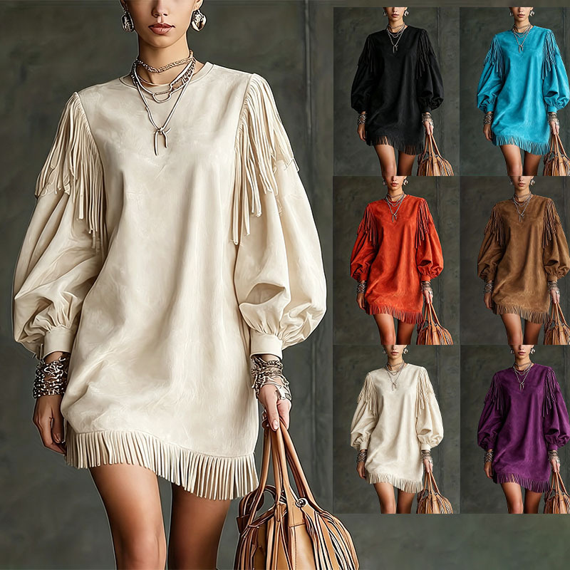 Elegant Fringed Lantern-Sleeve Mini Dress - Chic Boho Short Dress for Women