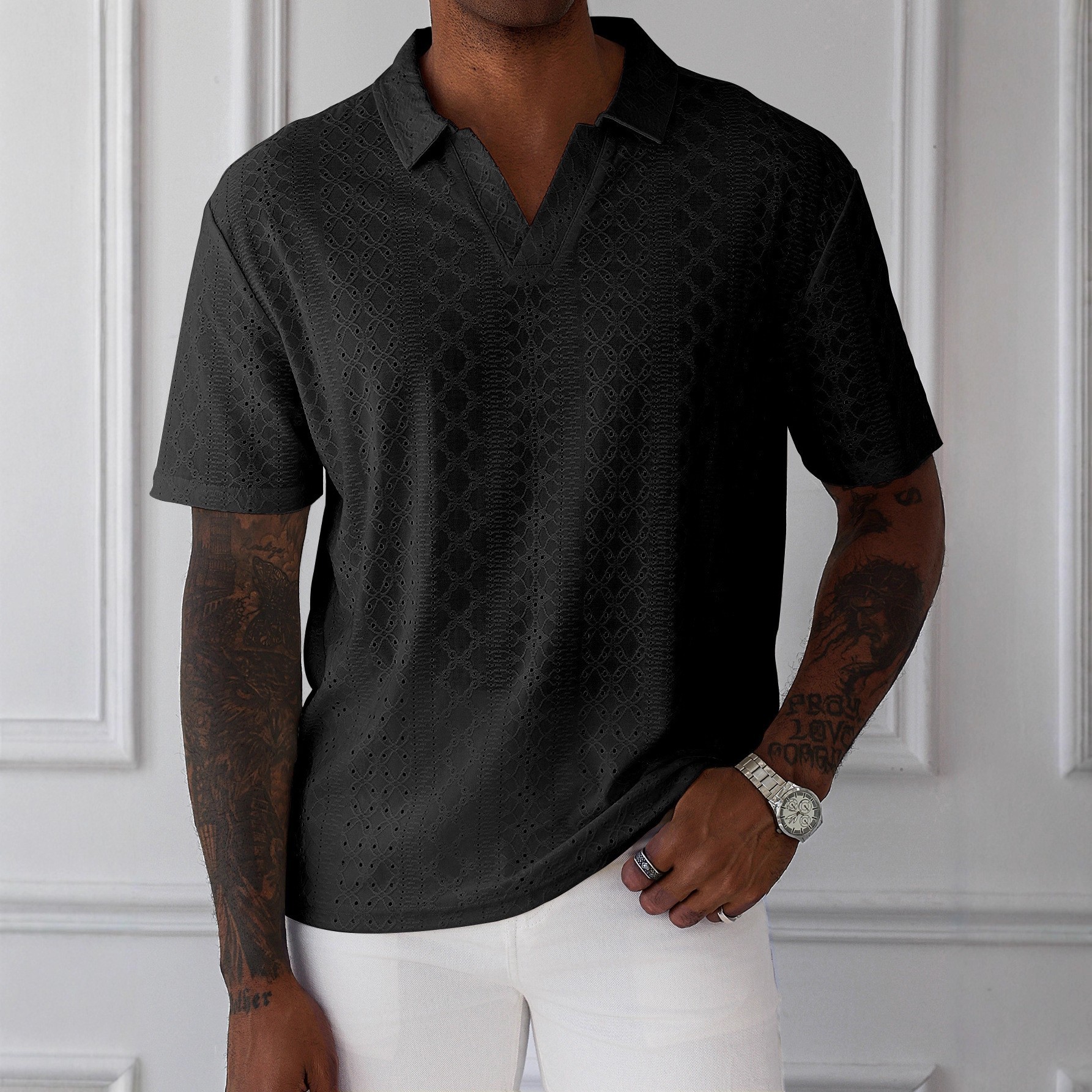 Men's Slim-Fit Hollow-Out Knit Polo Shirt - Casual Short Sleeve Summer Top