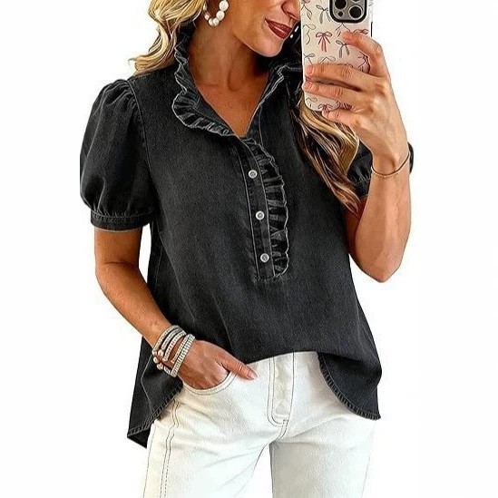 Women's Chic Puff-Sleeve Denim Blouse - Relaxed Fit Casual Pleated Top