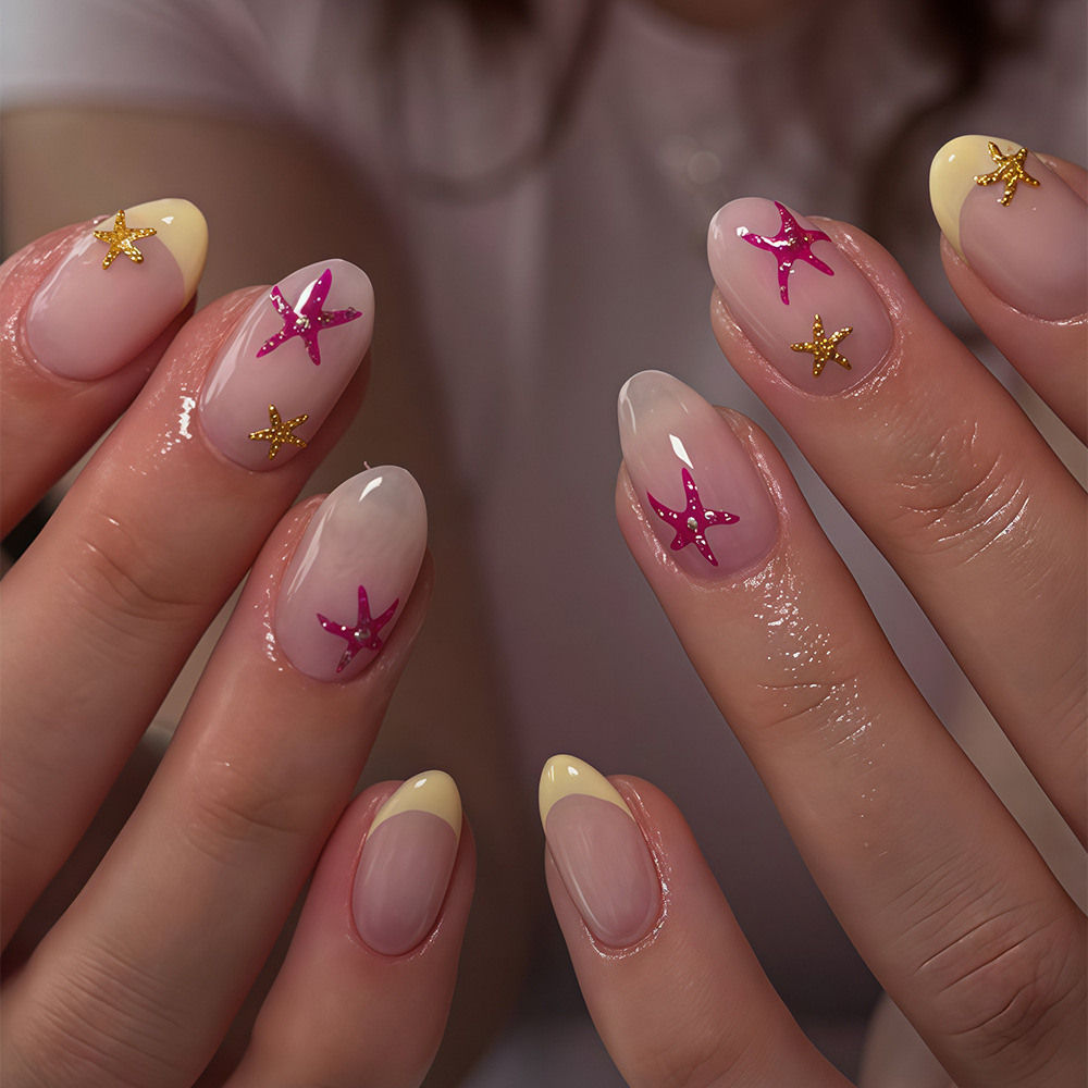 24pc Short Oval Press-On Nails - Gradient French Tip with 3D Sea Star Design - Complete DIY Acrylic False Nail Kit with Jelly Glue & File