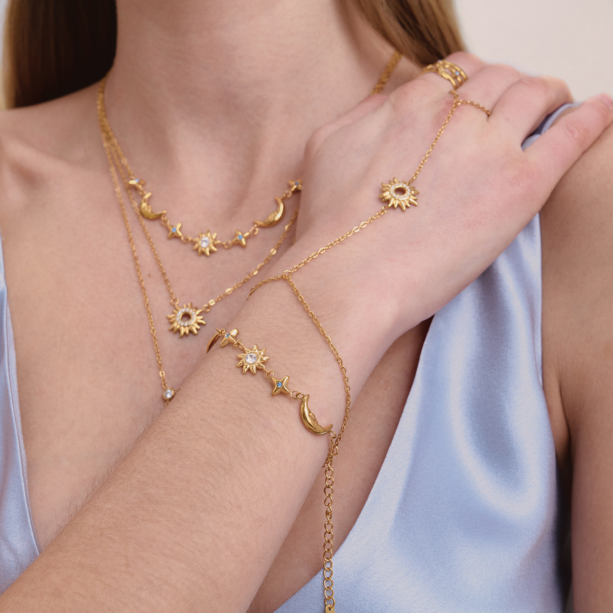Stainless Steel Star Sun And Moon Bracelet Necklace