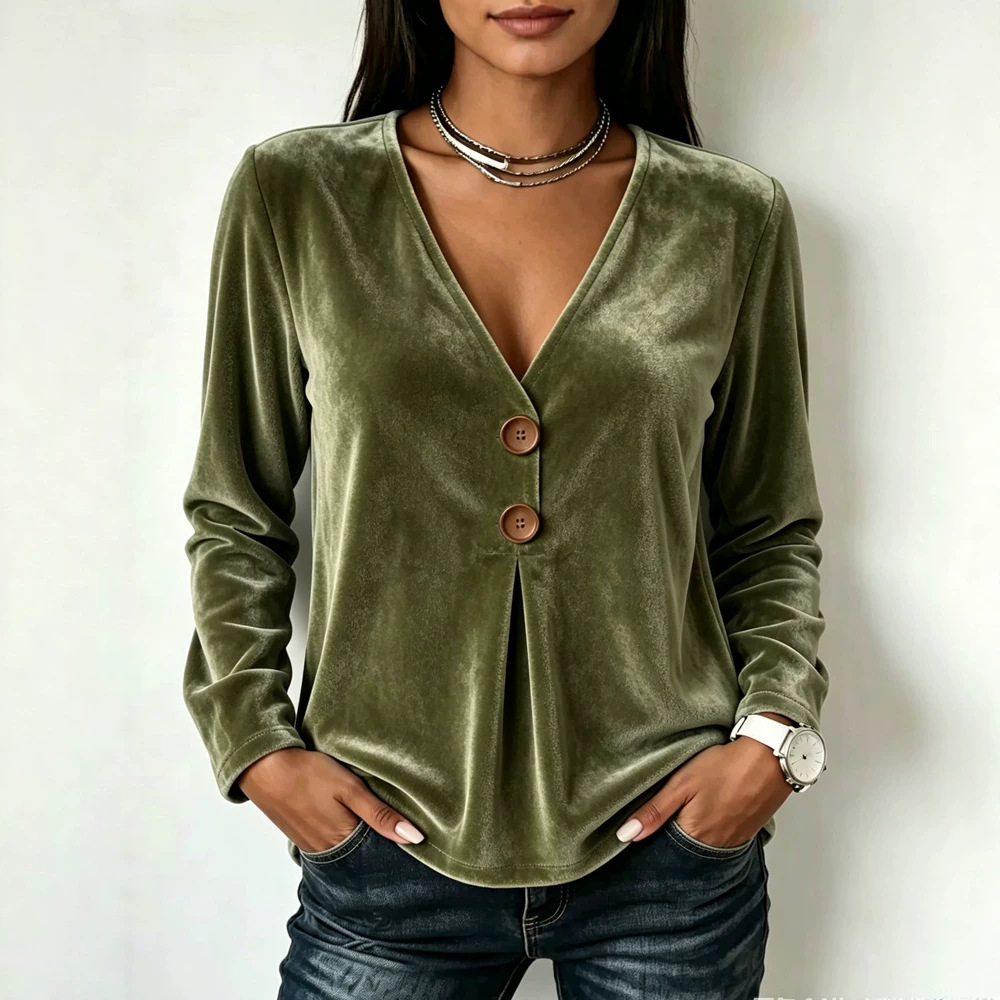 Women's Luxury Gold Velvet V-Neck Long Sleeve Tee - Elegant Relaxed Fit Retro T-Shirt