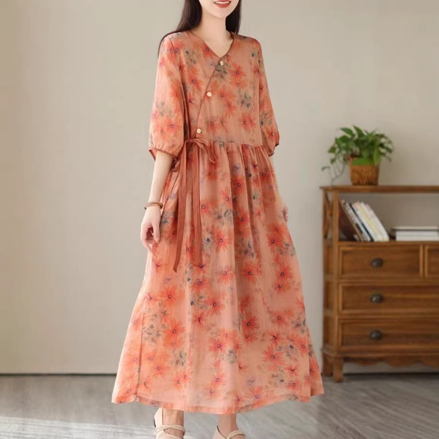Women's Elegant V-Neck Patchwork Dress | 3D Embossed Casual Long Dress