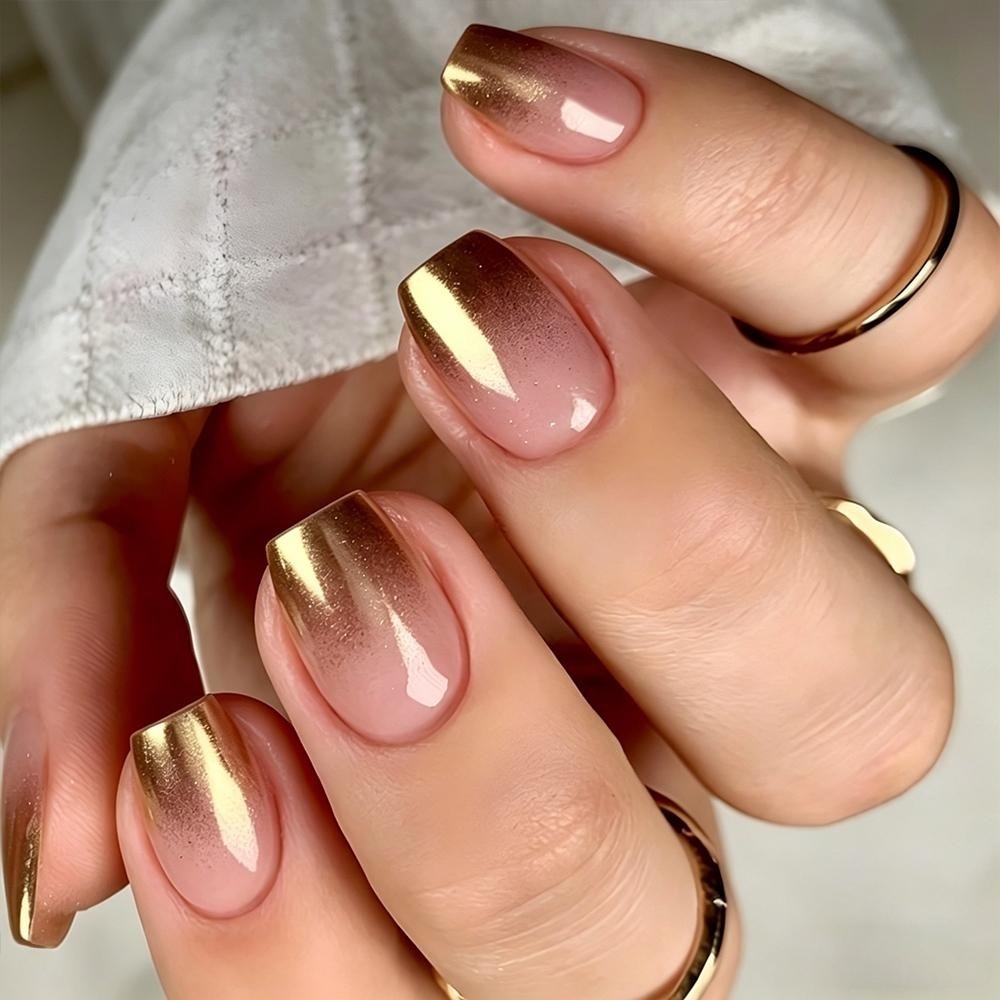 Elegant Gold Gradient Short Press-On Nails Set - 30 Pcs Rectangular Acrylic Fake Nails Kit with Jelly Glue & Nail File