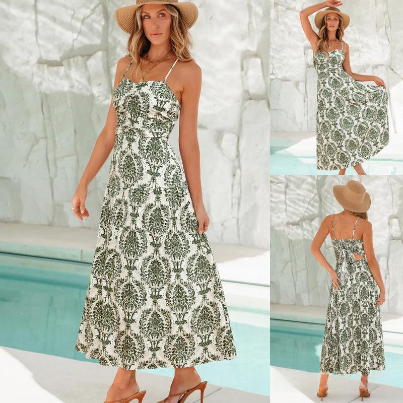 Elegant Green Floral Print Strappy Maxi Dress - Flowy Sleeveless Fairy Dress for Women