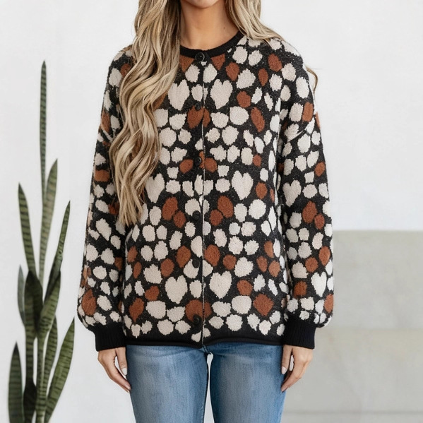 Women's Cute Heart Print Knit Cardigan - Sweet Round-Neck Open Front Sweater