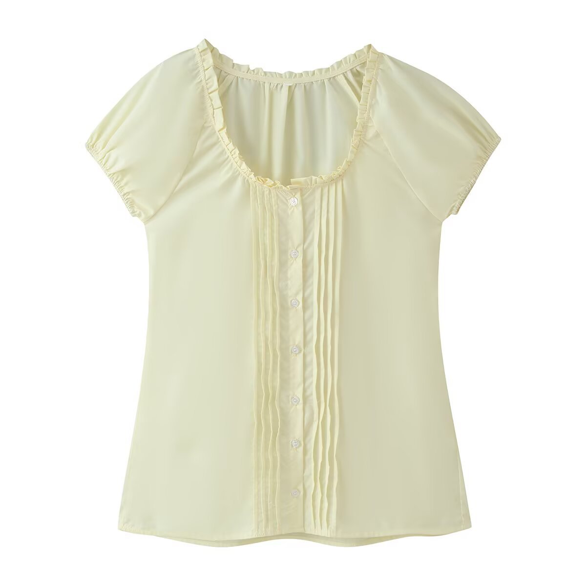 Women's Chic Ruffled Puff Sleeve Blouse - Versatile Drawstring Slimming Short Sleeve Top