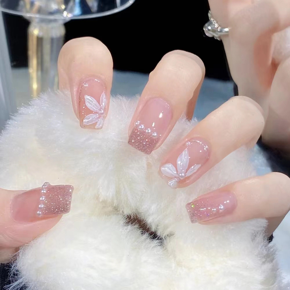 24pc Short Square Press-On Nails Kit - Elegant Floral French Tip Acrylic False Nails with Glitter, Jelly Glue & Nail File