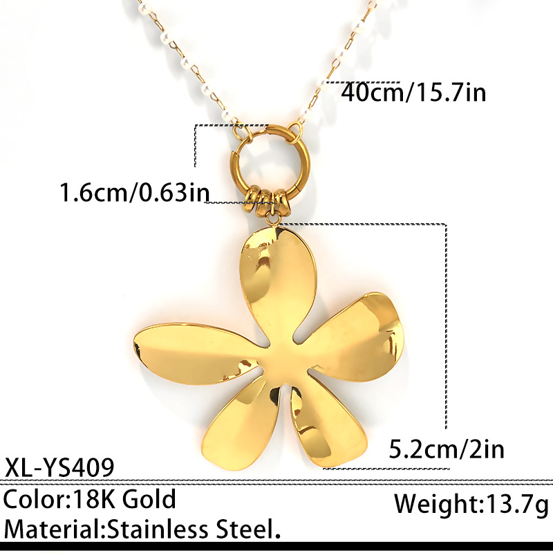 Vintage 18k Gold Plated Stainless Steel Flower Pearl Necklace for Women - Retro Light Luxury Pendant Jewelry