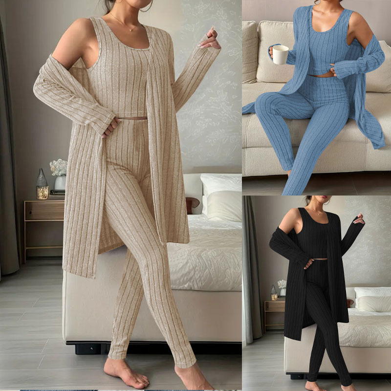 Cozy Rib-Knit 3-Piece Lounge Set - Women's Autumn & Winter Cardigan, Vest & Pants Outfit