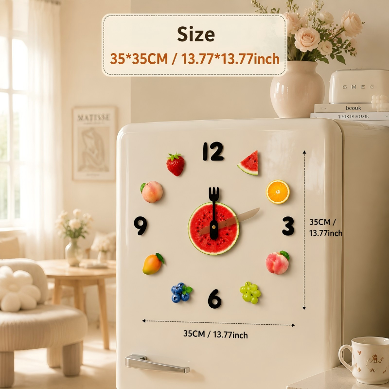 3D DIY Fruit Magnetic Fridge Wall Clock - Silent Quartz Kitchen Decor with Cutlery Clock Hands