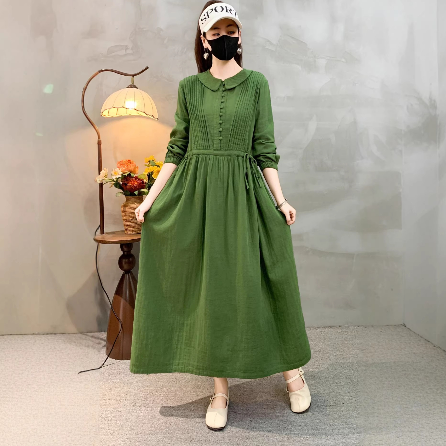 Women's Retro Cotton Linen Long Sleeve Dress | Vintage A-Line Doll Collar Mori Girl Dress