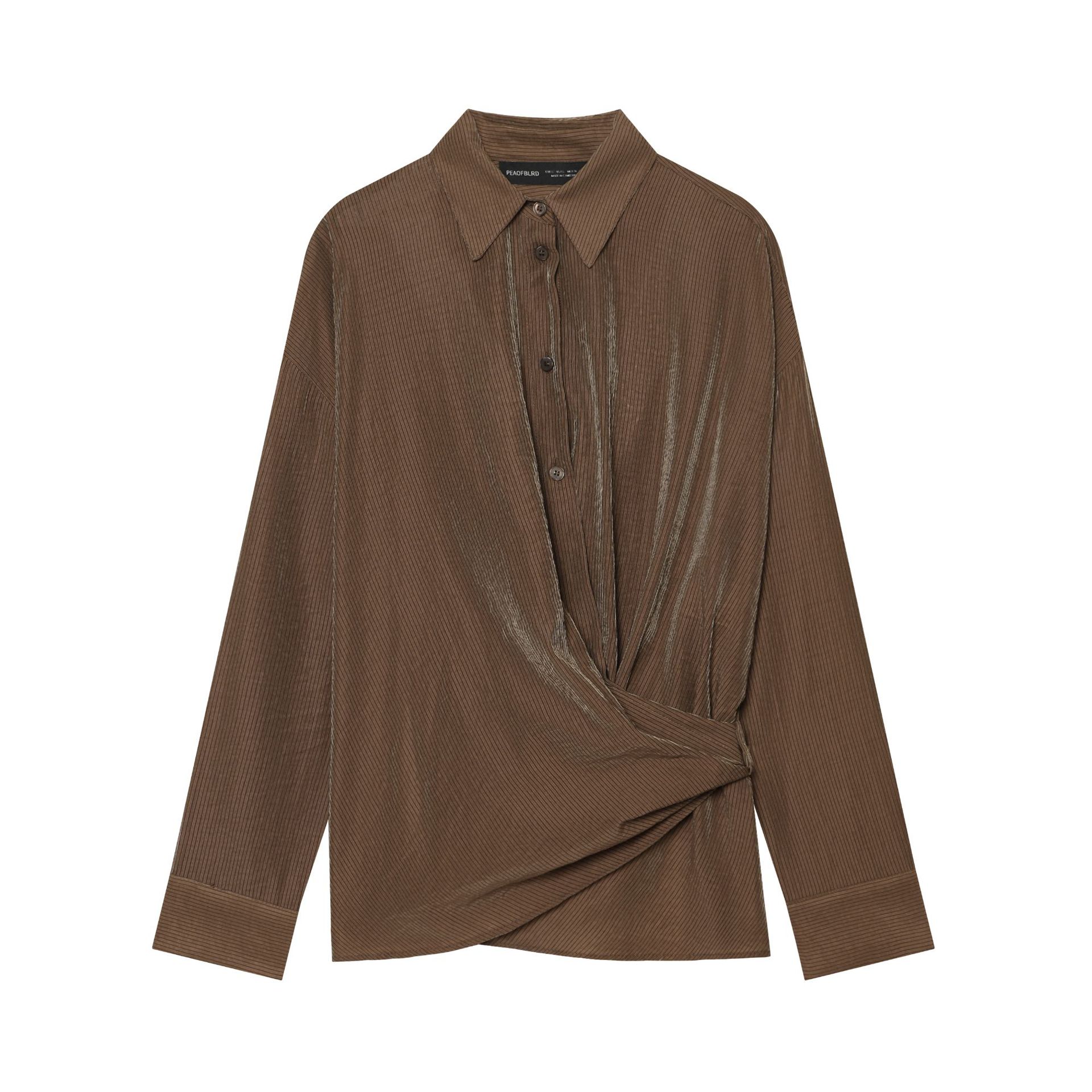 Chic Slim-Fit Coffee Brown Long-Sleeve Shirt - Casual Turn-Down Collar Patchwork Top