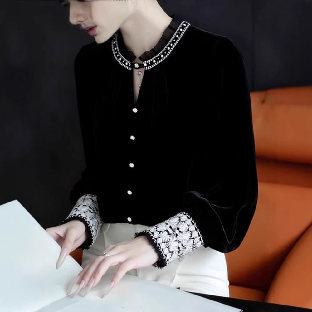 Vintage Black Velvet Cardigan Jacket | Elegant Geometric Knit Workwear Top