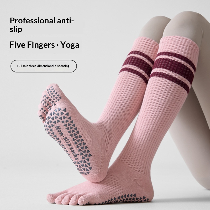 Premium Non-Slip Five-Finger Yoga Socks | Color-Blocked Cotton Calf Socks for Women