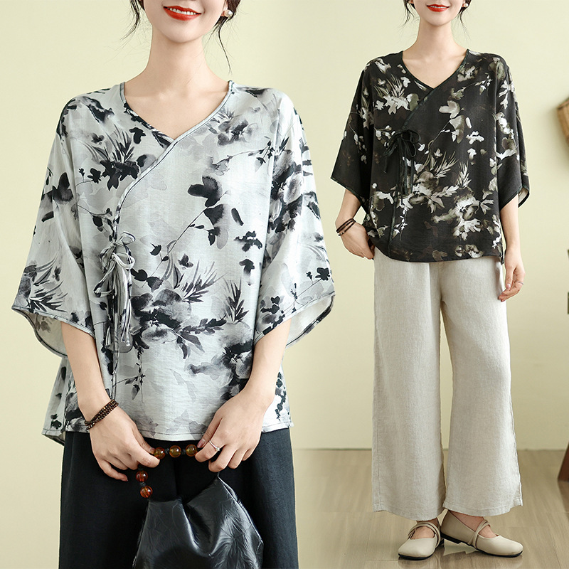 Women's Chic Retro Petal Sleeve Blouse - Loose Fit Versatile Short Sleeve Top