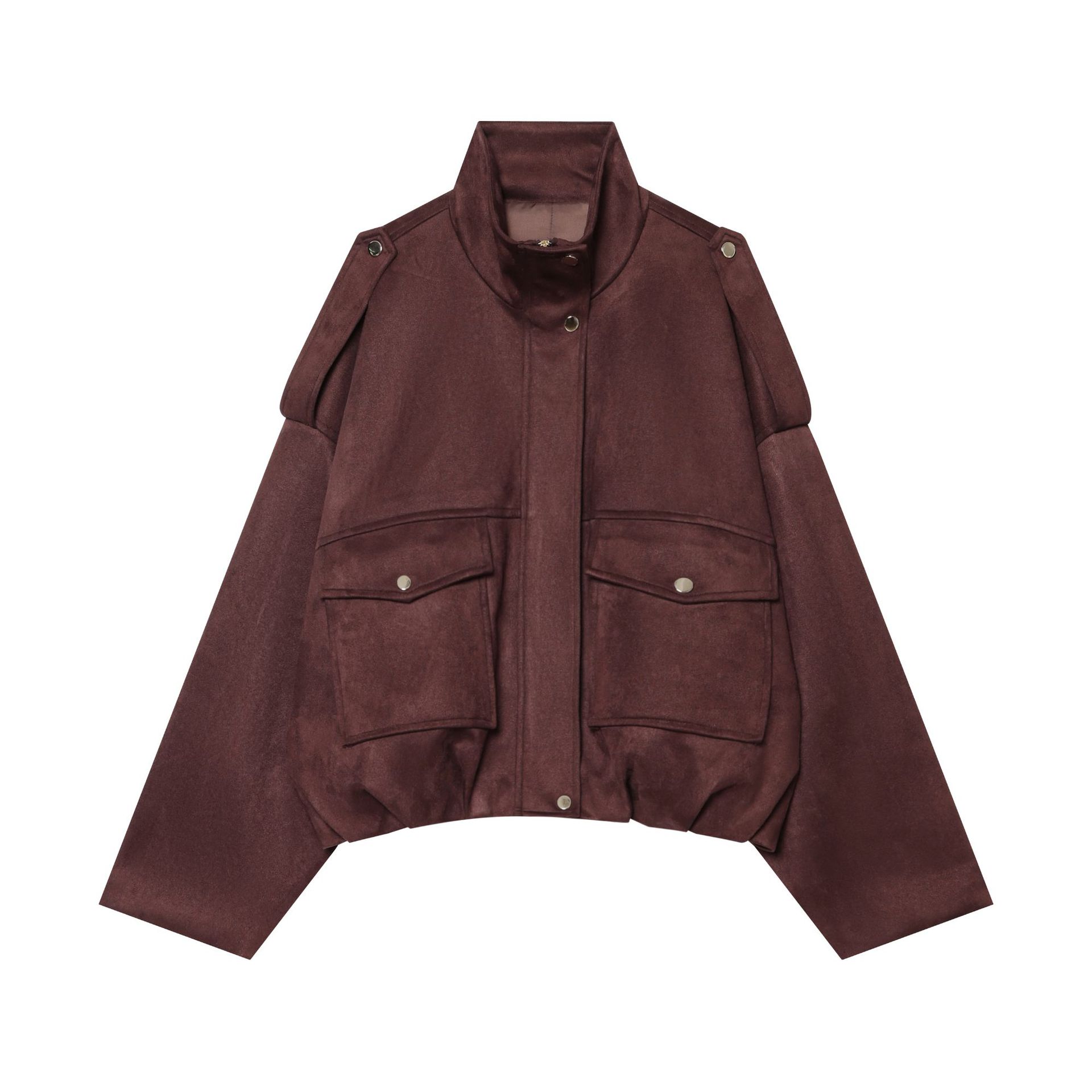 Elegant Women's High-Neck Faux Suede Jacket - Versatile A-Line Summer Coat