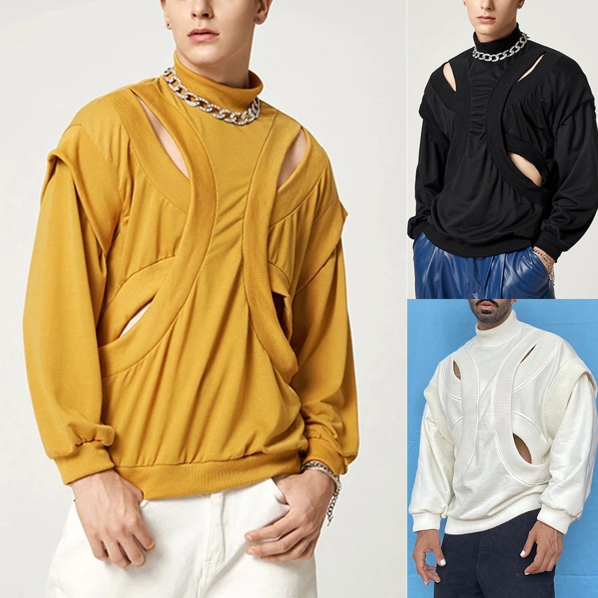Men's Casual Drop-Shoulder Long Sleeve Sweater - Lightweight Stand-Up Collar Pullover