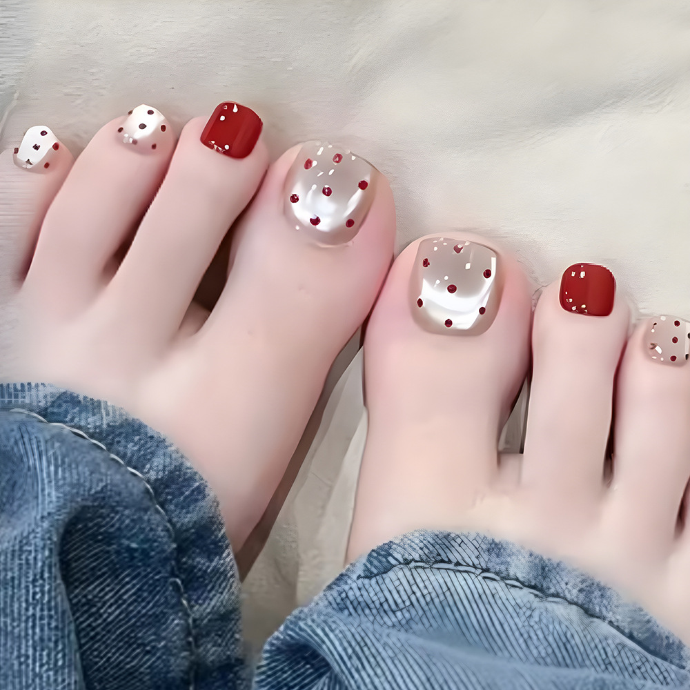 Glamour Red Dot Cat-Eye Press-On Toe Nails (24-Piece Set) - Short Rectangular Reusable False Toenails Kit with Jelly Glue and Nail File