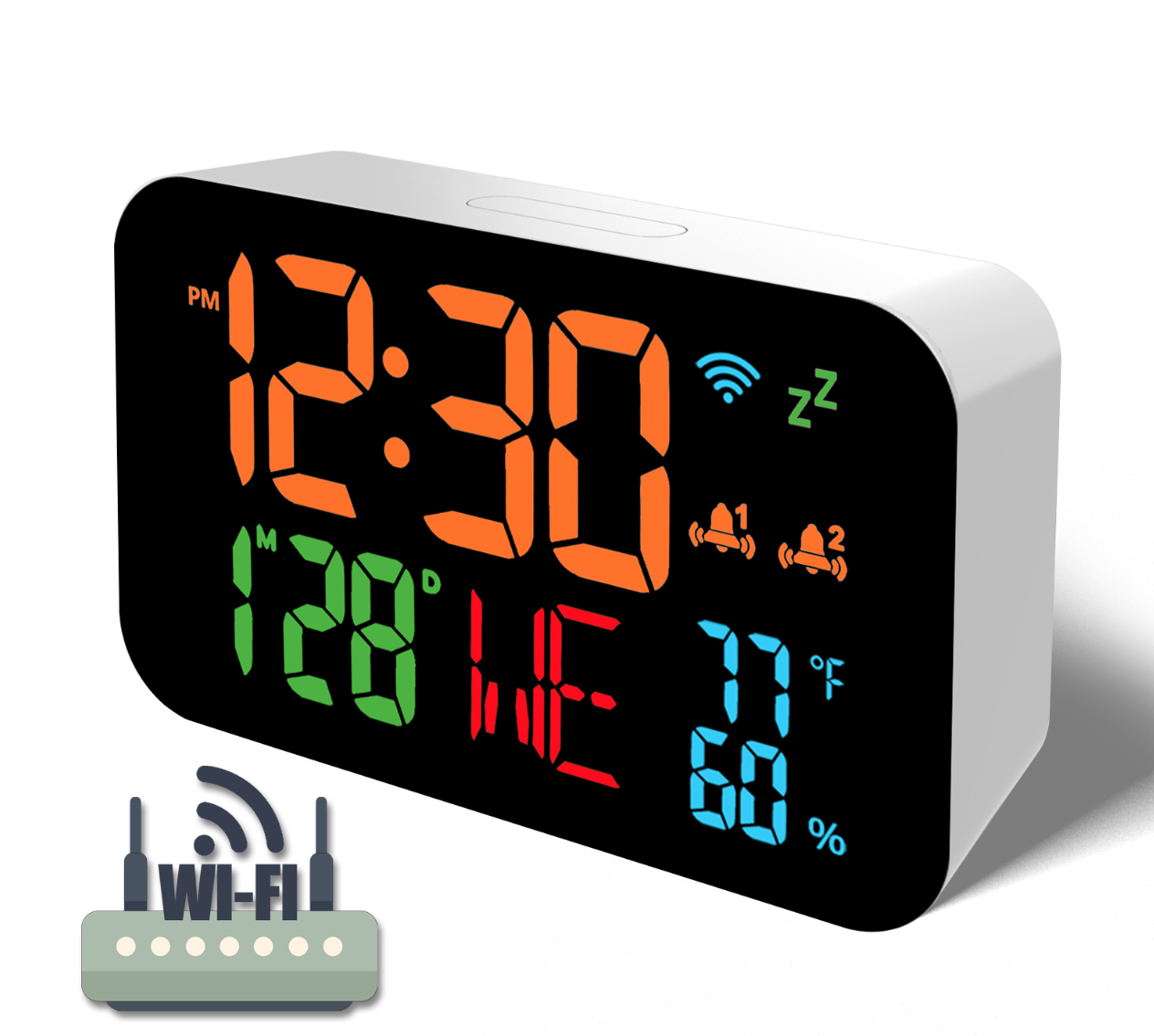 Smart WiFi LED Alarm Clock - Digital Desk Clock with Automatic Time Sync, Indoor Temperature & Humidity Monitor, Dual Alarms