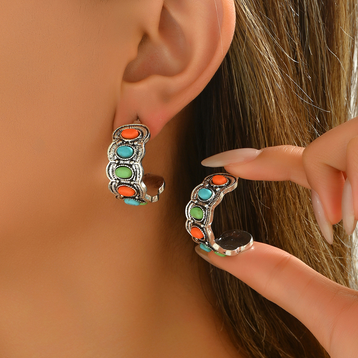 Vintage Geometric C-Shape Stud Earrings for Women – Unique Natural Stone Inlaid Jewelry
