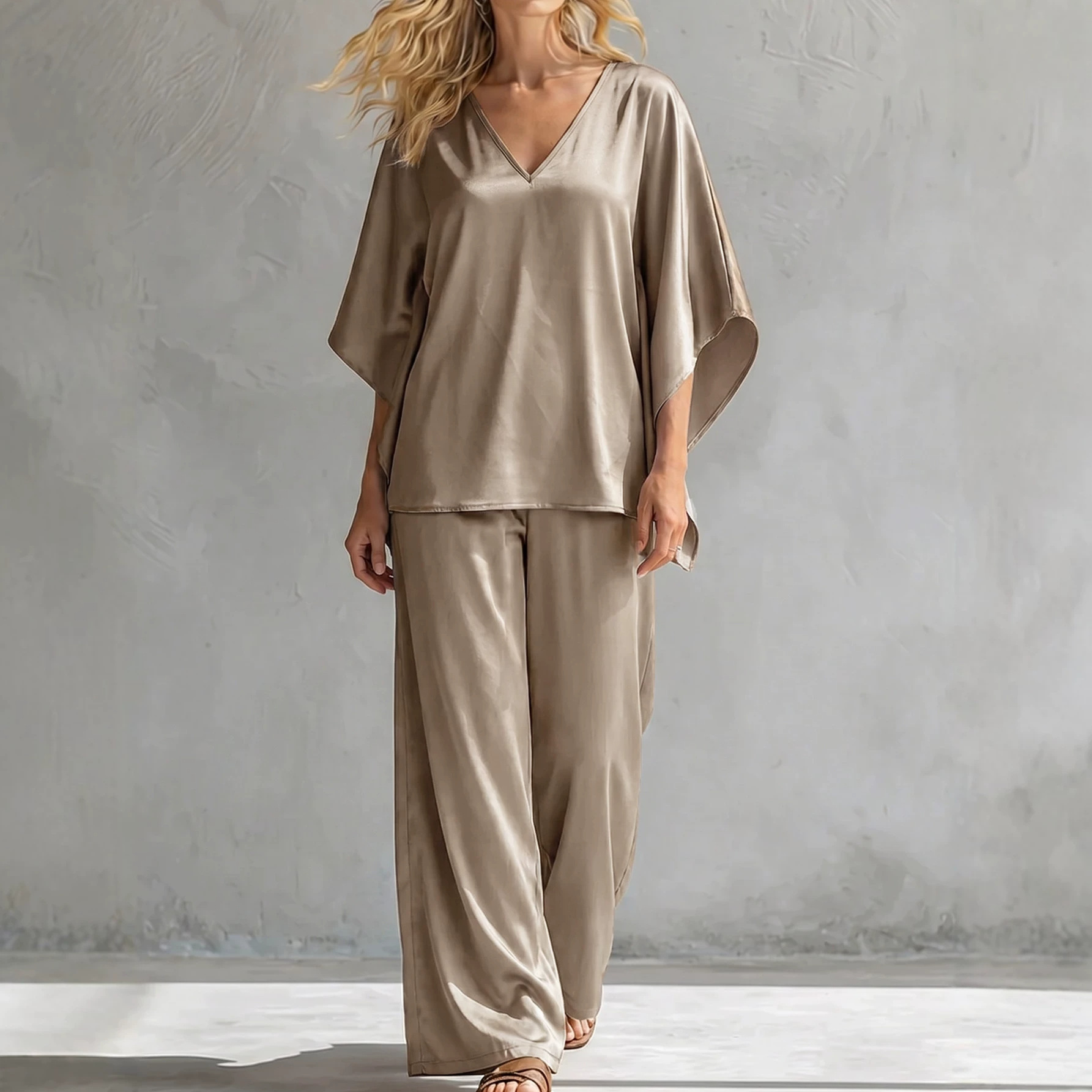 Chic Women's Satin Two-Piece Set | Loose V-Neck Sleeveless Top & Straight-Leg Pants