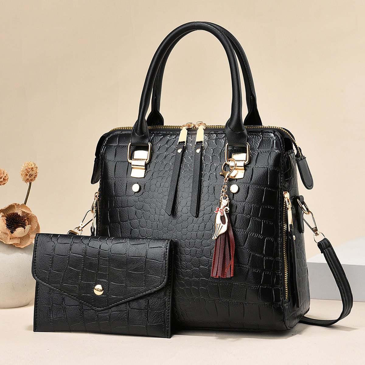 Chic Women's Crocodile-Print 2-Piece Bag Set - Elegant Handbag & Crossbody Purse
