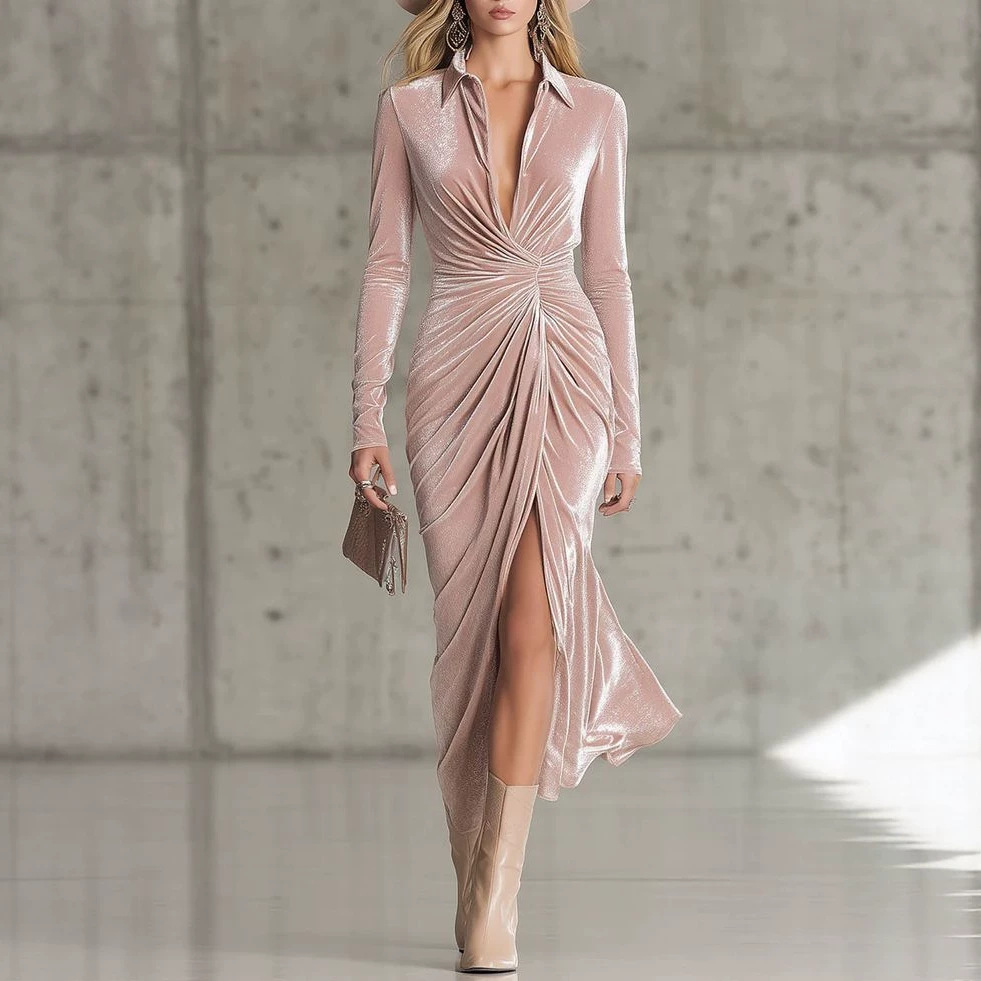Elegant Long Sleeve Pleated Midi Sheath Dress with Shirt Collar