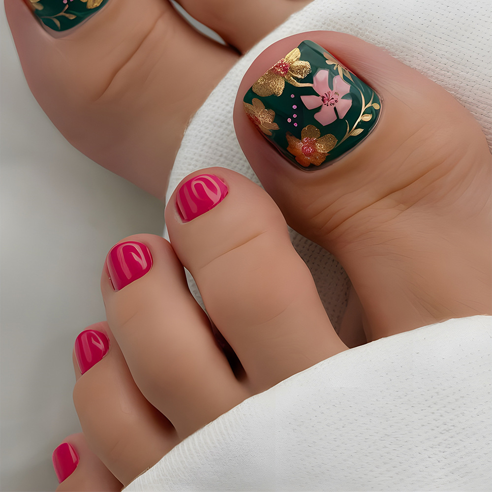 24-Piece Pink & Gold Floral Press-On Toenails Kit - Short Square Acrylic Toe Nail Art with Jelly Glue & Nail File