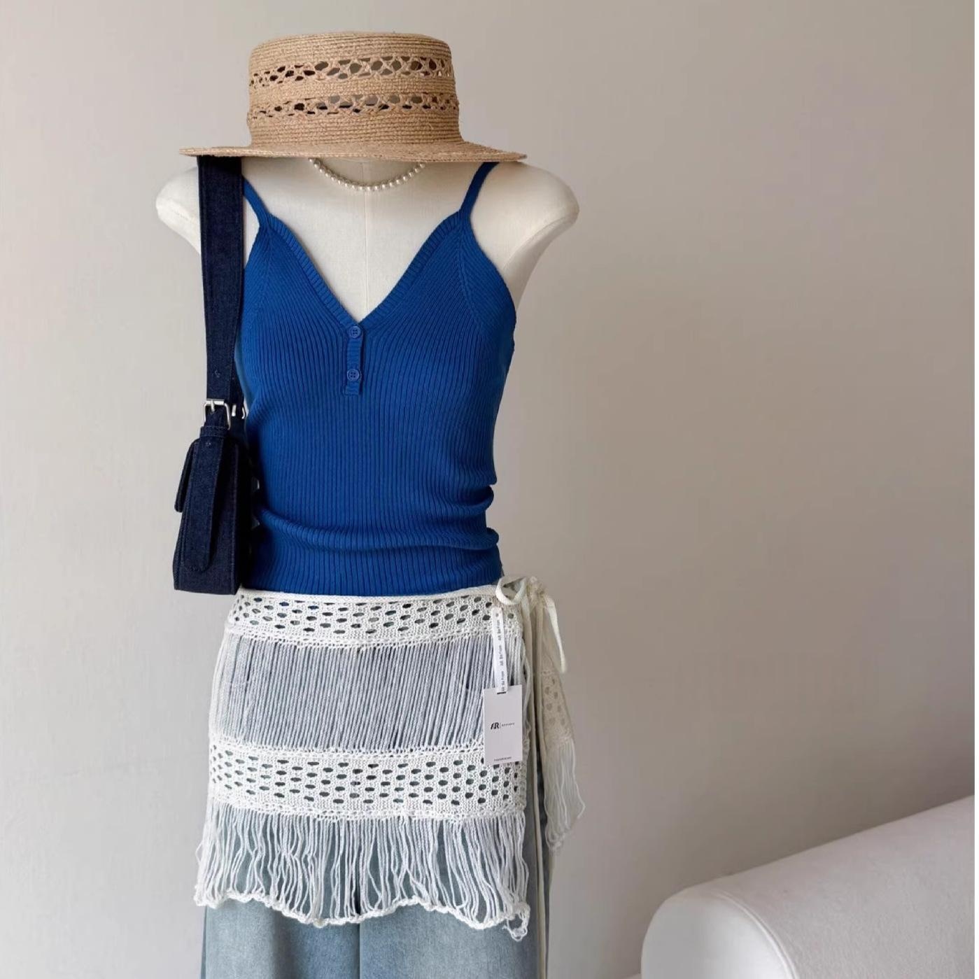 Women's Crochet Knit Hollow-Out Tassel Mini Skirt - Boho A-Line Casual Wear