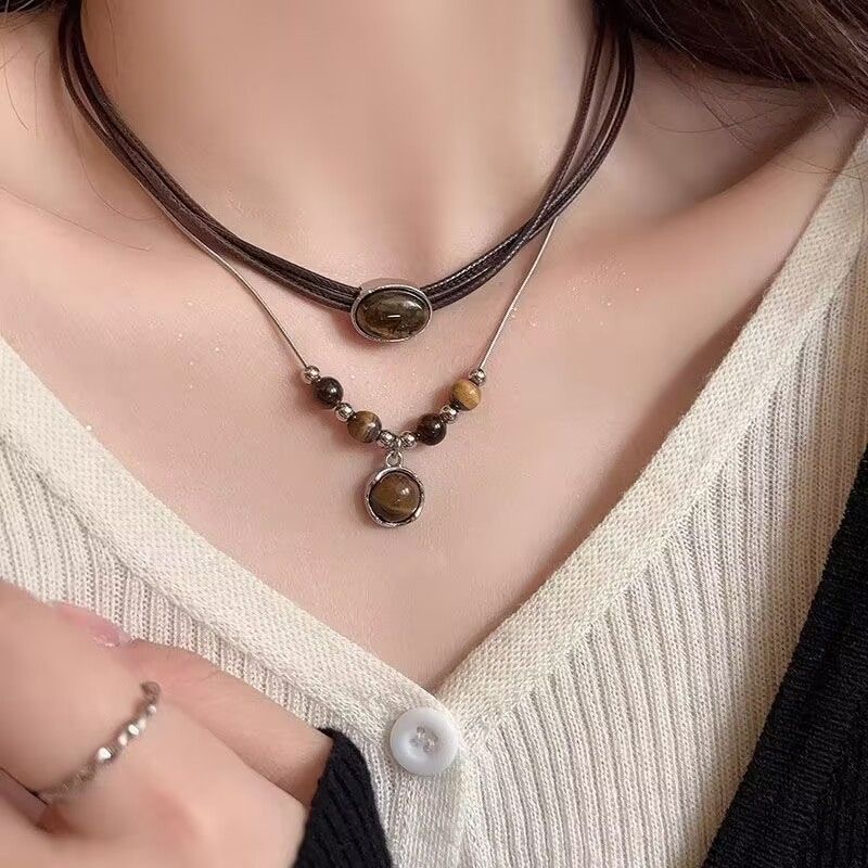Leather Tigers Eye Necklace For Women Retro-Chic Sweater Chain