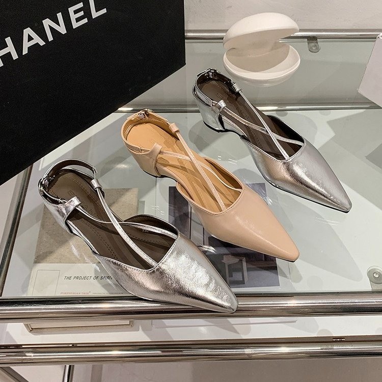 Chic French Pointed-Toe Cross Strap Slingback Sandals for Women | Elegant Patent Leather Block Heel Shoes