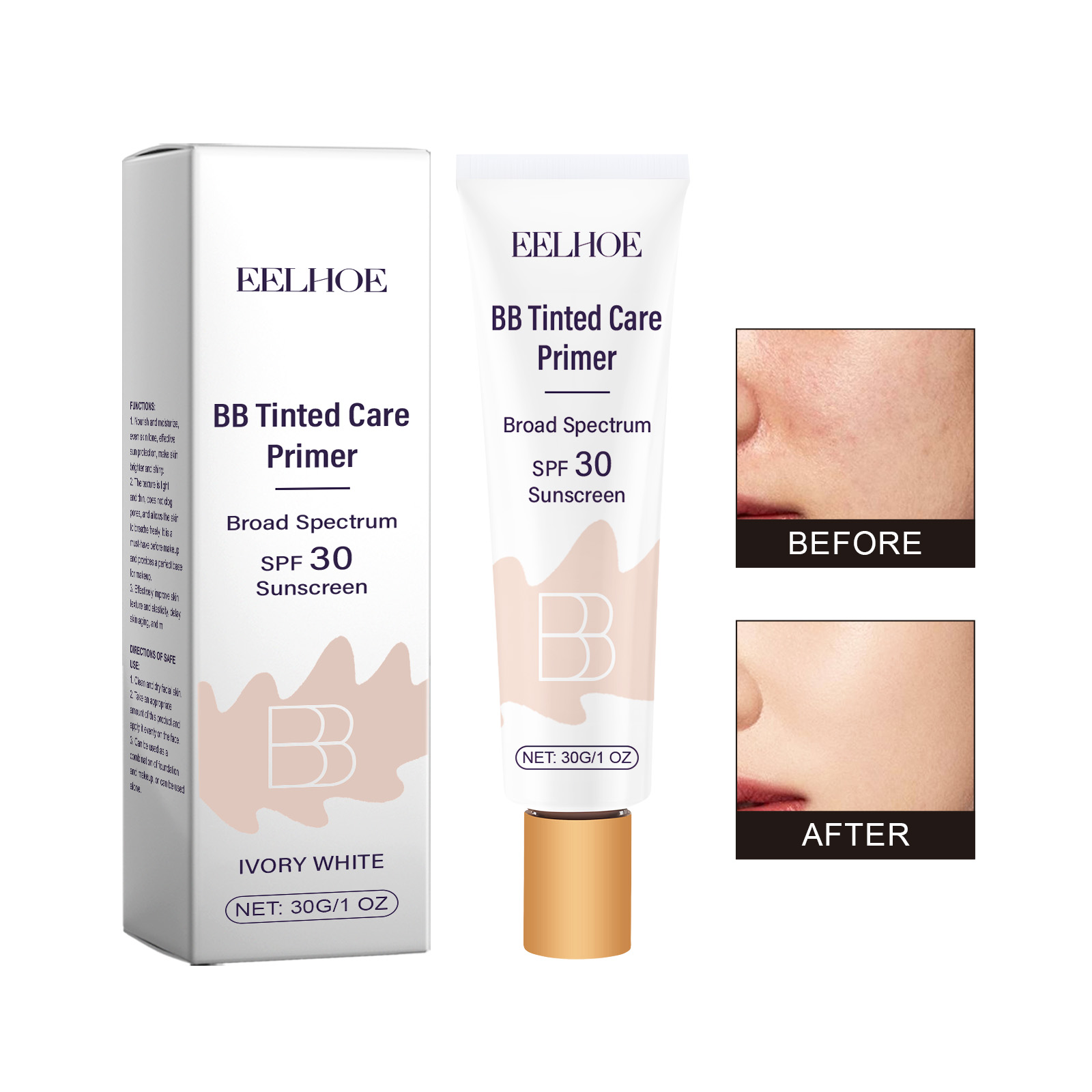 Multi-Effect Sunscreen BB Cream - Ivory White (30g) | Hydrating, Anti-Wrinkle & Pore-Blurring Makeup Base