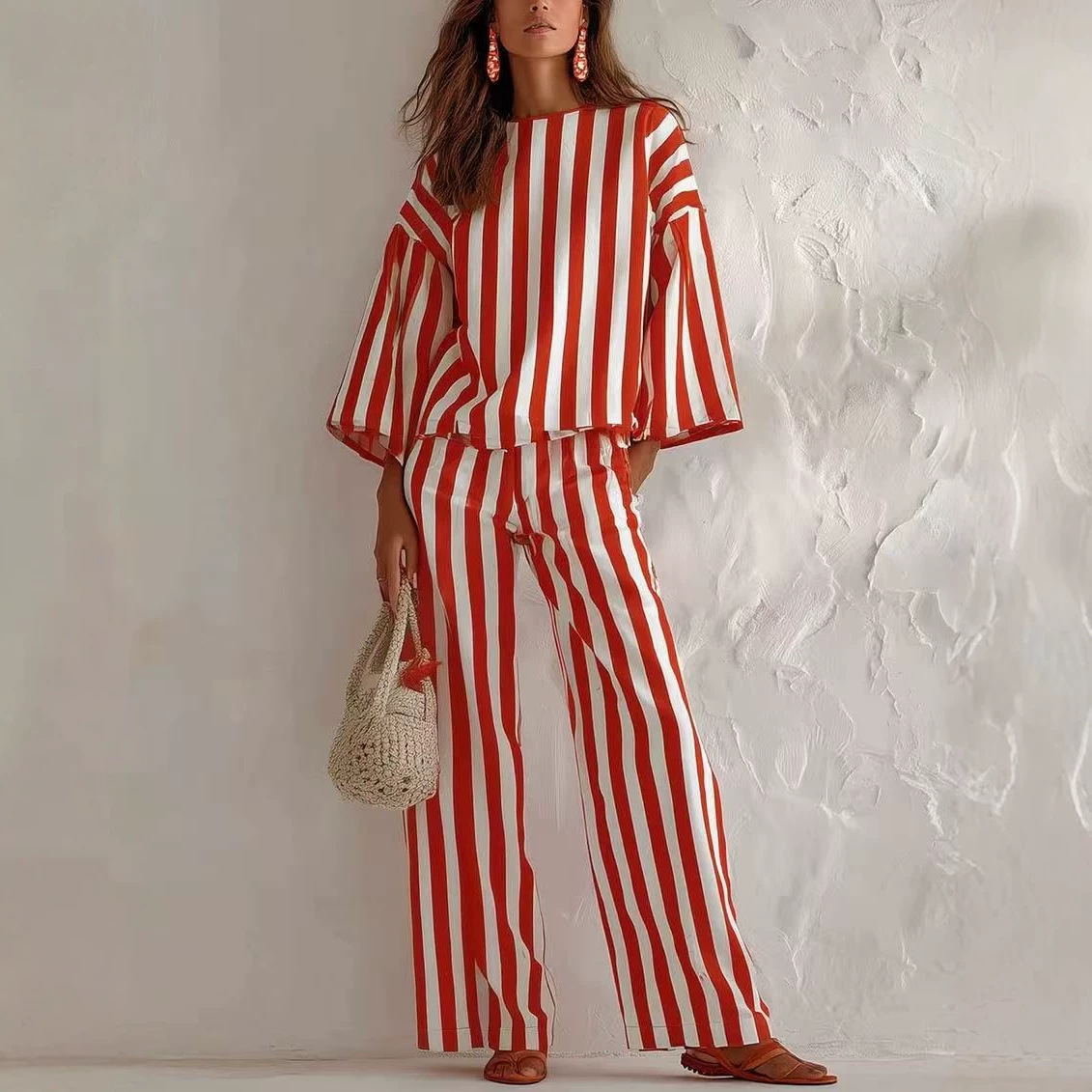 Women's Relaxed-Fit Striped Two-Piece Set | Chic 3/4 Sleeve Top & Pants Outfit