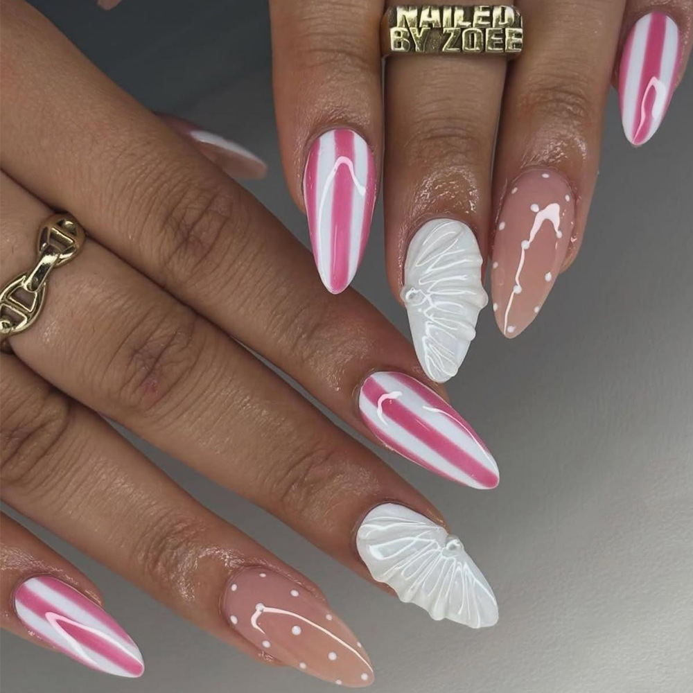 30 Pcs Short Almond Press-On Nails Kit - 3D Scallop Wave Acrylic Fake Nails with Jelly Glue & File