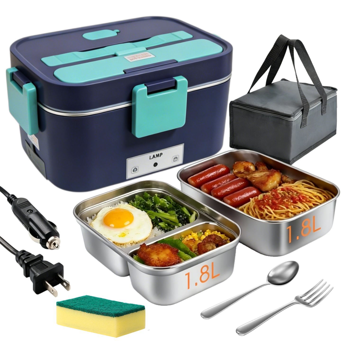 Portable Electric Lunch Box - 80W Fast Self-Heating Food Warmer for Car & Office | Removable Stainless Steel Liner, Insulated Bag & Utensils Included