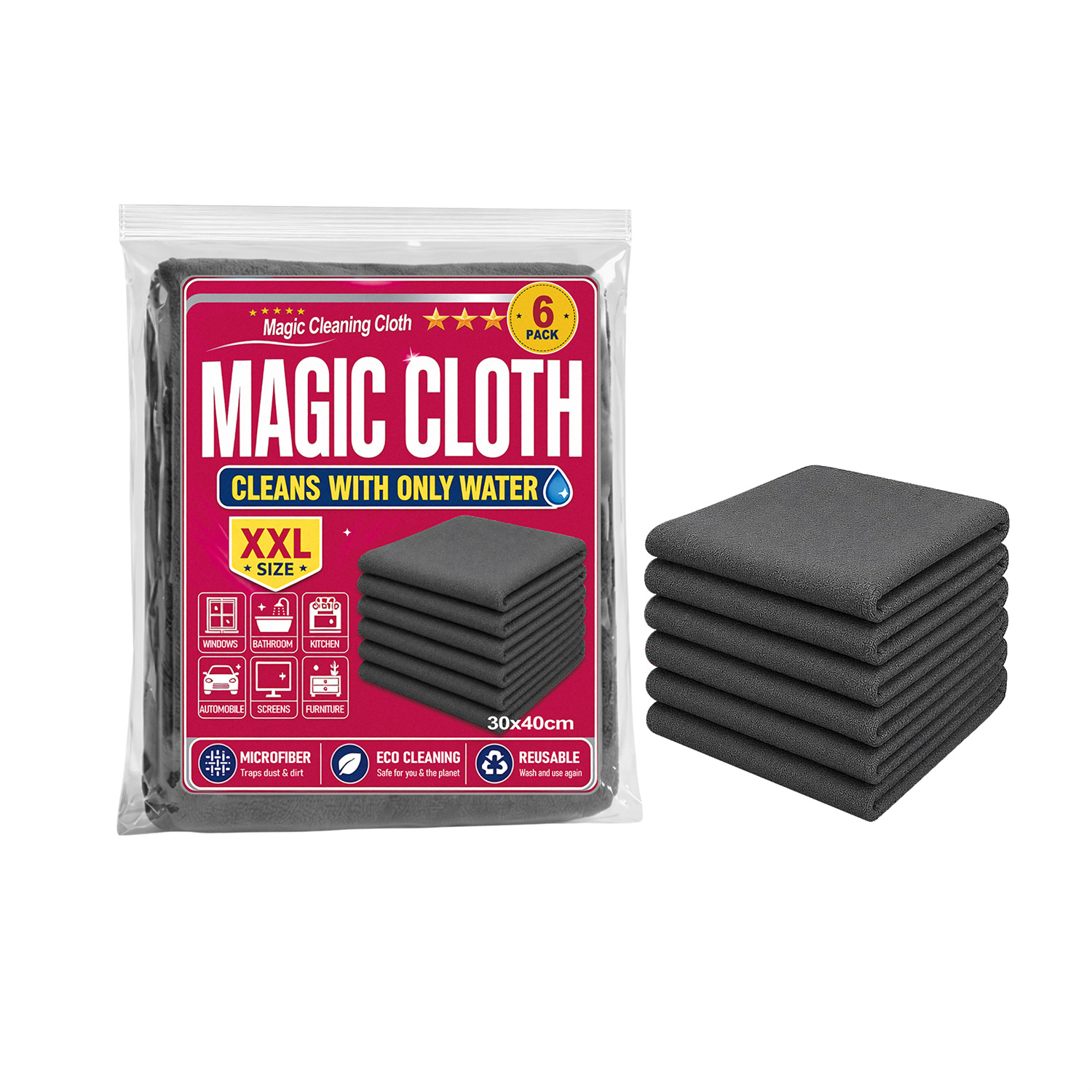 Premium Streak-Free Magic Cleaning Cloths - Reusable Microfiber Cleaning Rags (6-Pack)