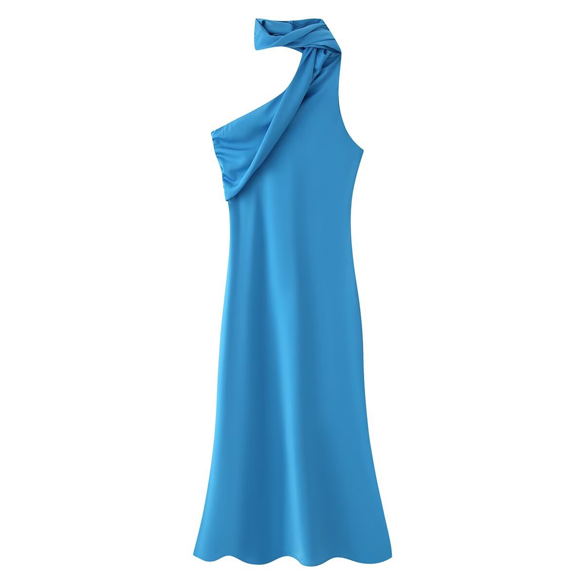Elegant Off-Shoulder Asymmetric Scarf Midi Dress – Slim-Fit Sleeveless Knit Dress