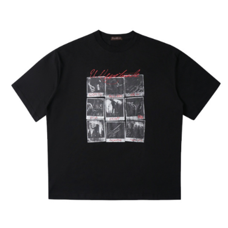 Personalized Nine-Grid Print Short-Sleeve T-Shirt Mens Loose-Fit Casual Crew-Neck Top