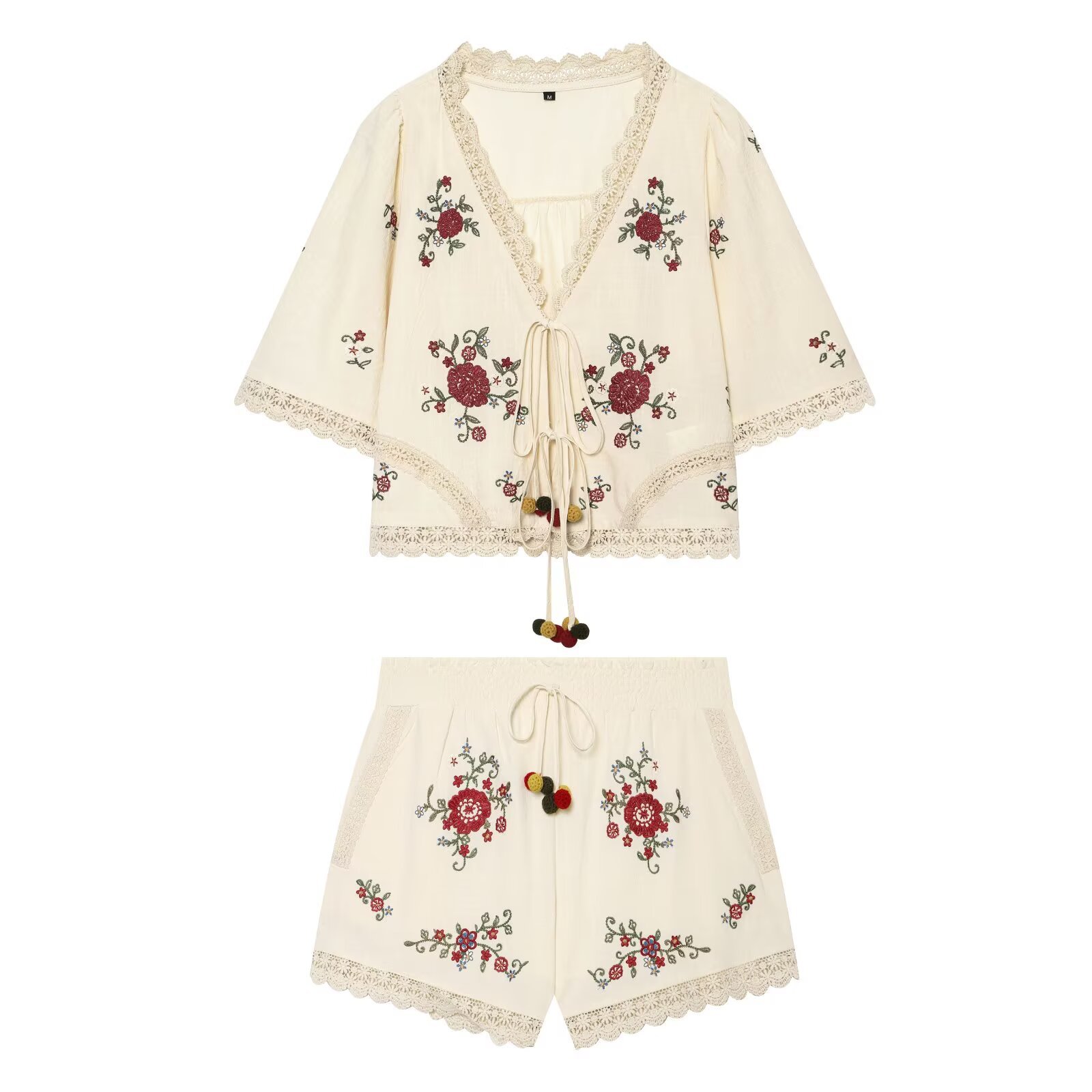 Women's Elegant Floral Embroidered Top & Straight-Leg Casual Shorts Set - 2-Piece Summer Outfit