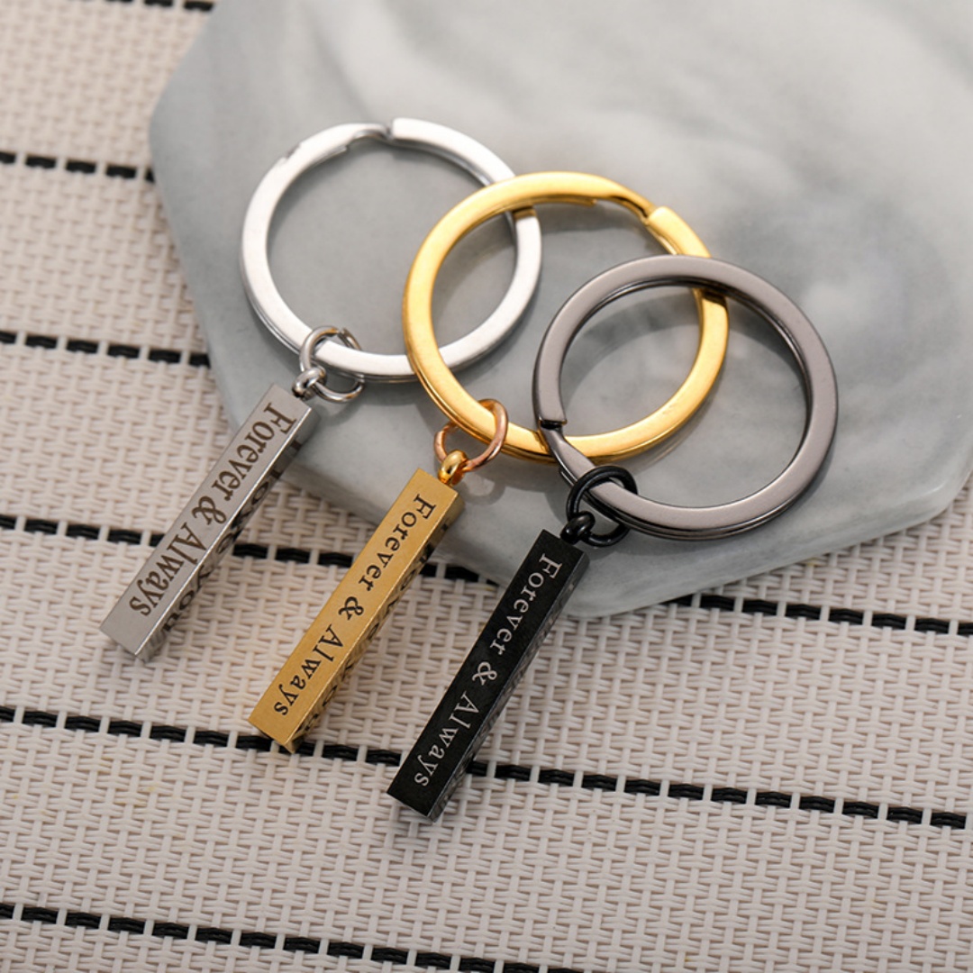 Premium Double-Sided Engraved Stainless Steel Keychain - Minimalist 3D Rectangular Keyring