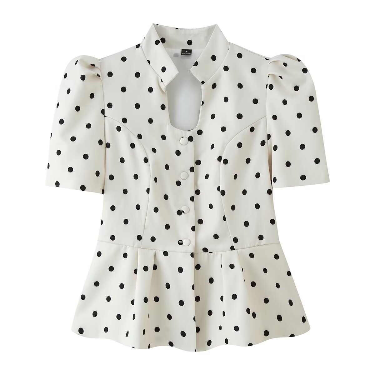 Chic Polka Dot Slim-Fit Blazer with Stand Collar and Puff Sleeves