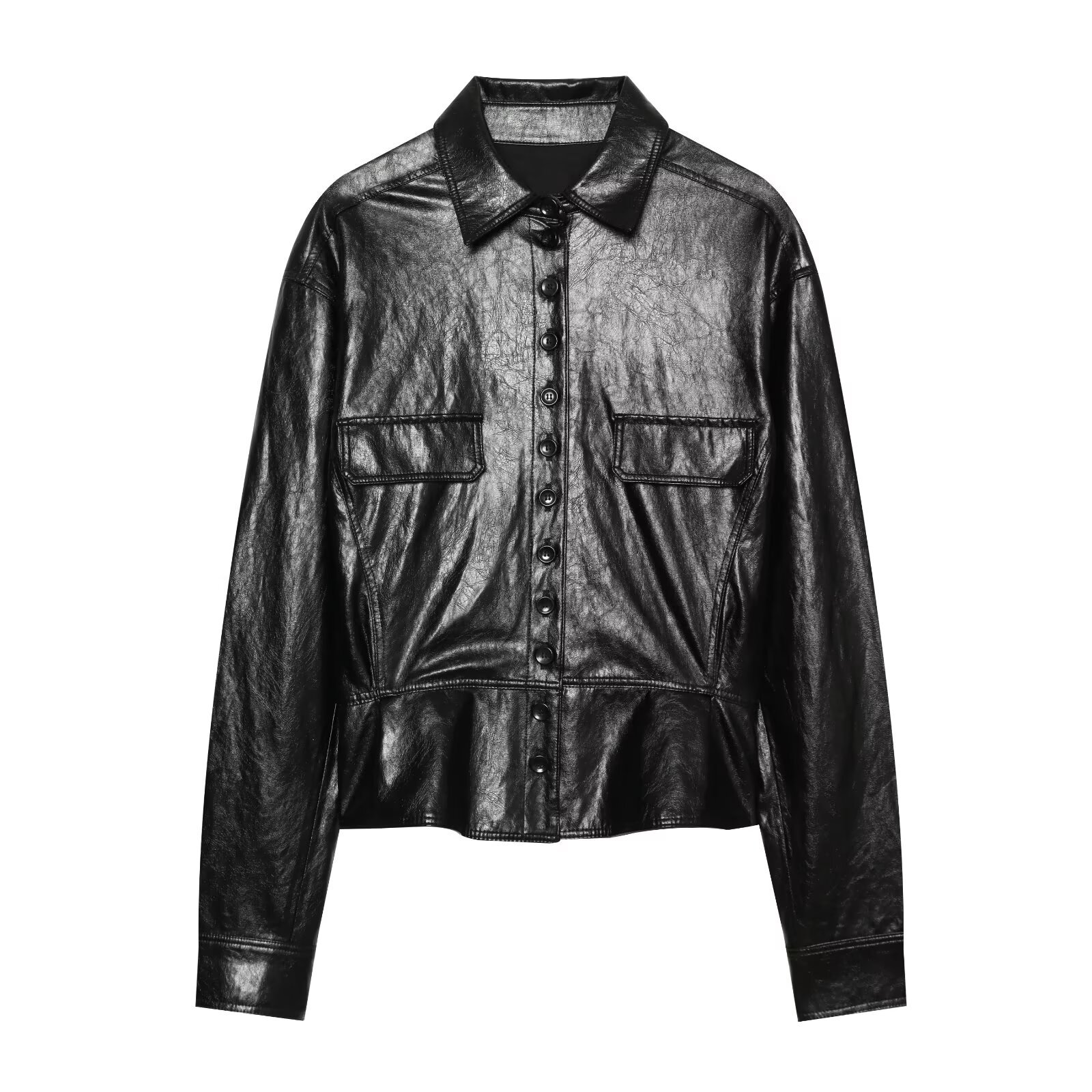 Women's Chic Dress-Style Faux Leather Jacket - Single-Breasted Lapel Collar Coat