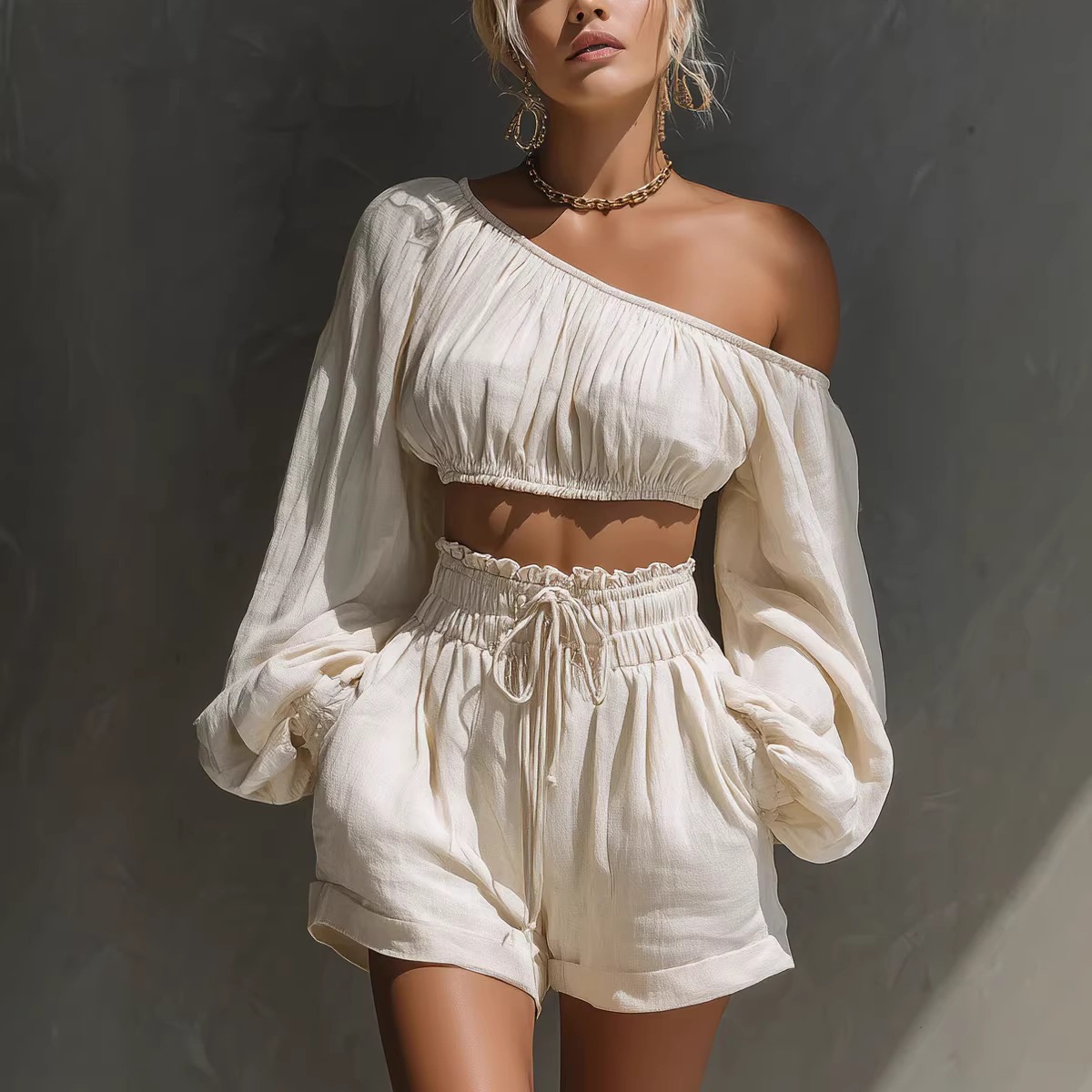 Women's Chic 2-Piece Ruffle Crop Top and High-Waisted Shorts Set | Cozy Long Sleeve Summer Co-Ord