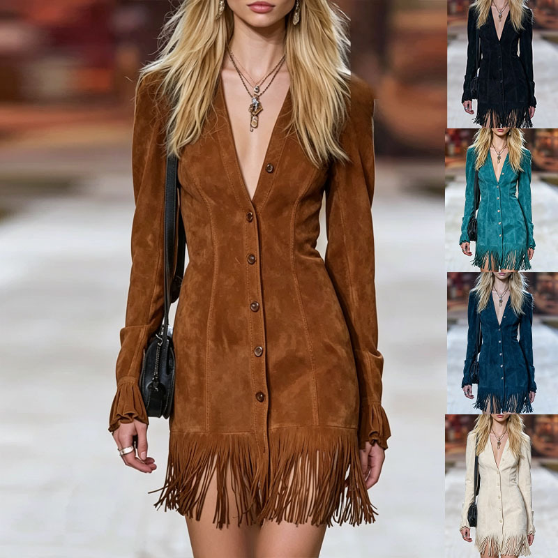 Chic V-Neck Long Sleeve Single-Breasted Tassel Mini Dress for Women