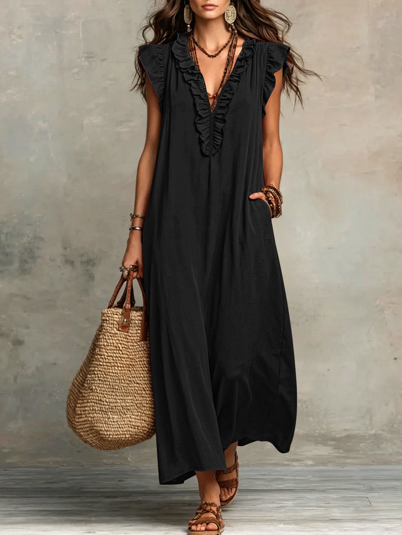 Women's V-Neck Flutter Sleeve Summer Dress - Casual Loose Vacation Beach Dress