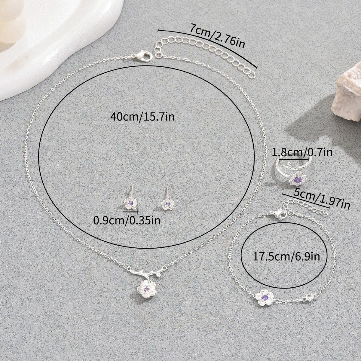 Elegant Cherry Blossom Jewelry Set for Women - Cubic Zirconia Necklace, Earrings & Ring Matching Accessories